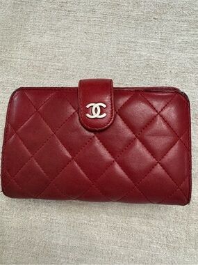 Chanel Red Quilted Lambskin Leather L-Zip Compact French Purse Wallet